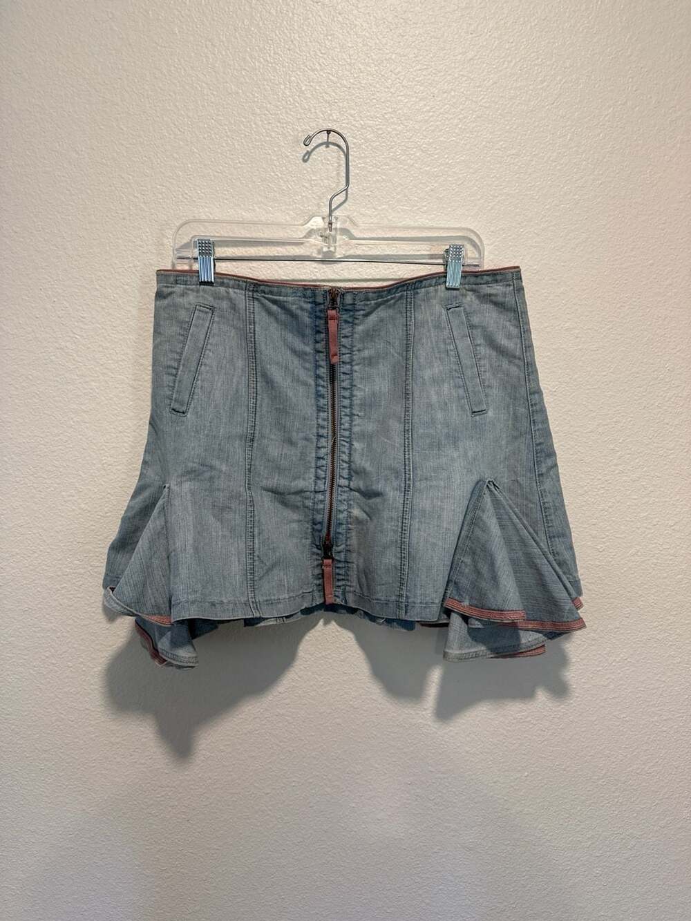 Marithé François Girbaud Vintage Denim Front Zip Ruffle Hem Skirt Size 30